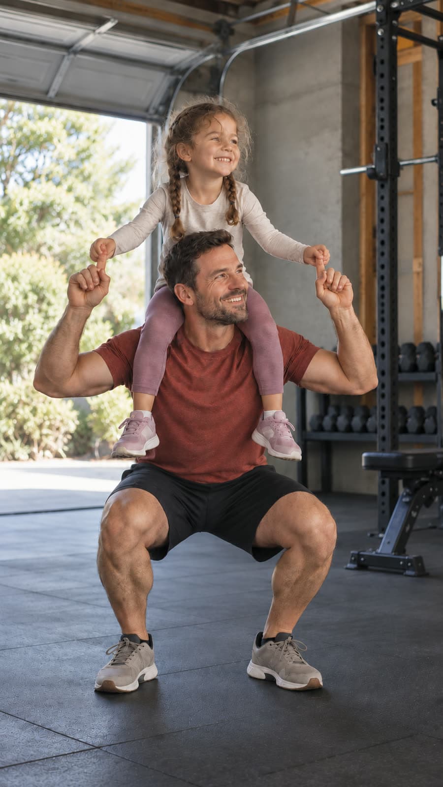 A father in a garage gym squatting with his daughter on his shoulders