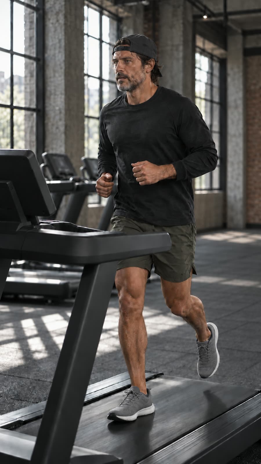 A man running on a treadmill in a gym with tall windows