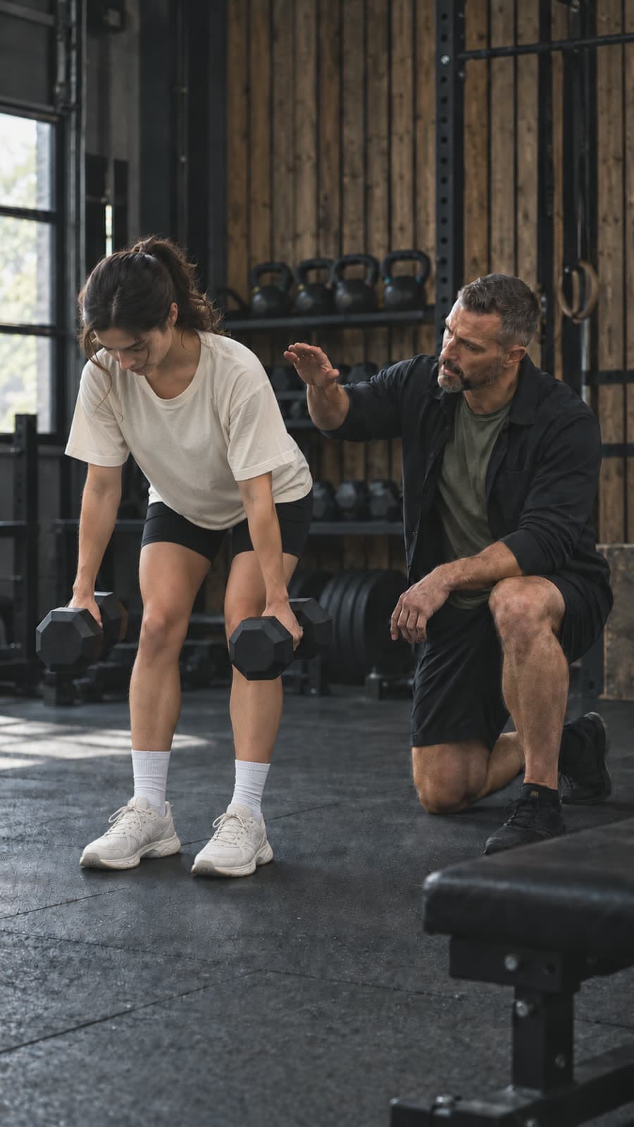 A coach kneeling beside a member as she lifts two dumbbells