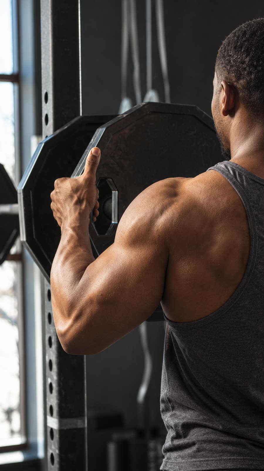 A lifter loading a plate onto a barbell in a rack