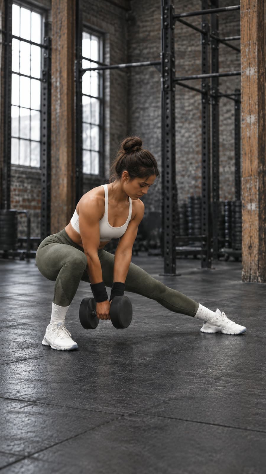 A member in a deep lateral lunge holding a dumbbell
