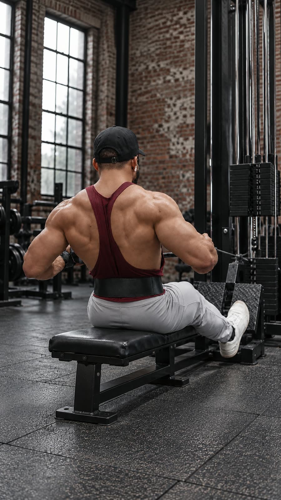 A lifter on a seated cable row, pulling the handle to his ribs