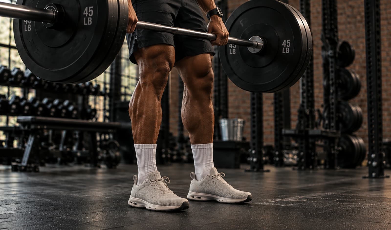 A member walking a loaded barbell out of the rack