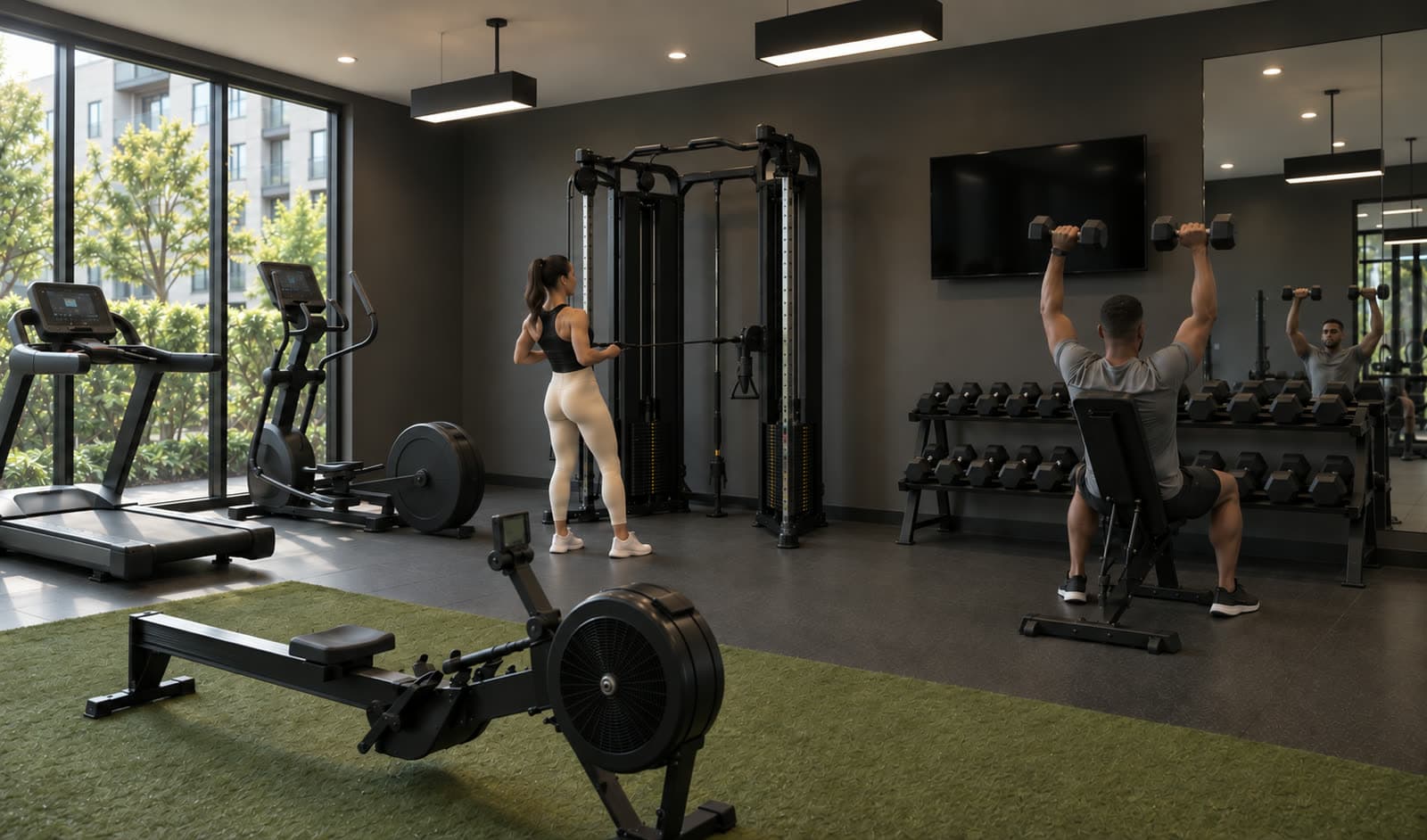 A building fitness room with a treadmill, a rower, a cable tower and a dumbbell rack