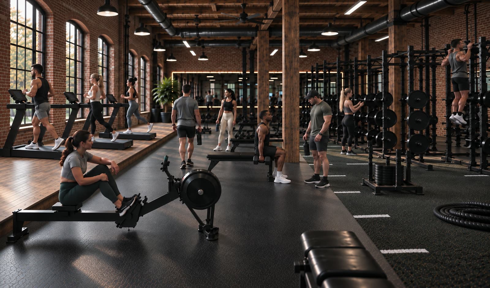 A big gym floor with rowers, treadmills and a long line of racks