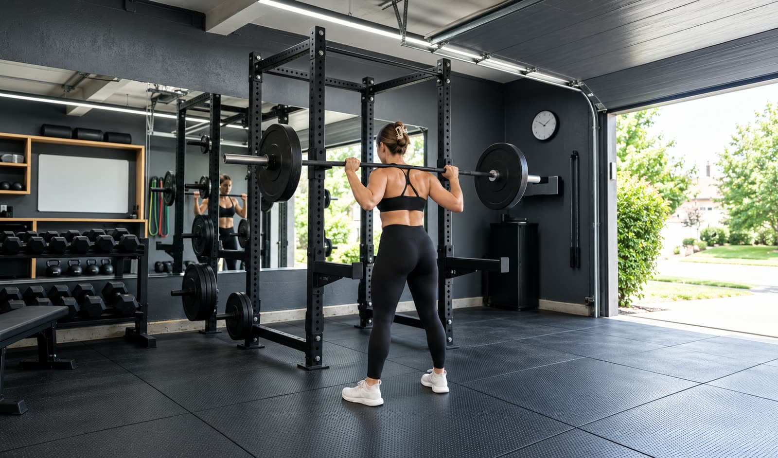 A garage gym with a power rack, a bench and dumbbells, the door open